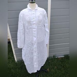 Grizas Dress Size Large 100% Linen White Lagenlook Button Down Long Sleeve